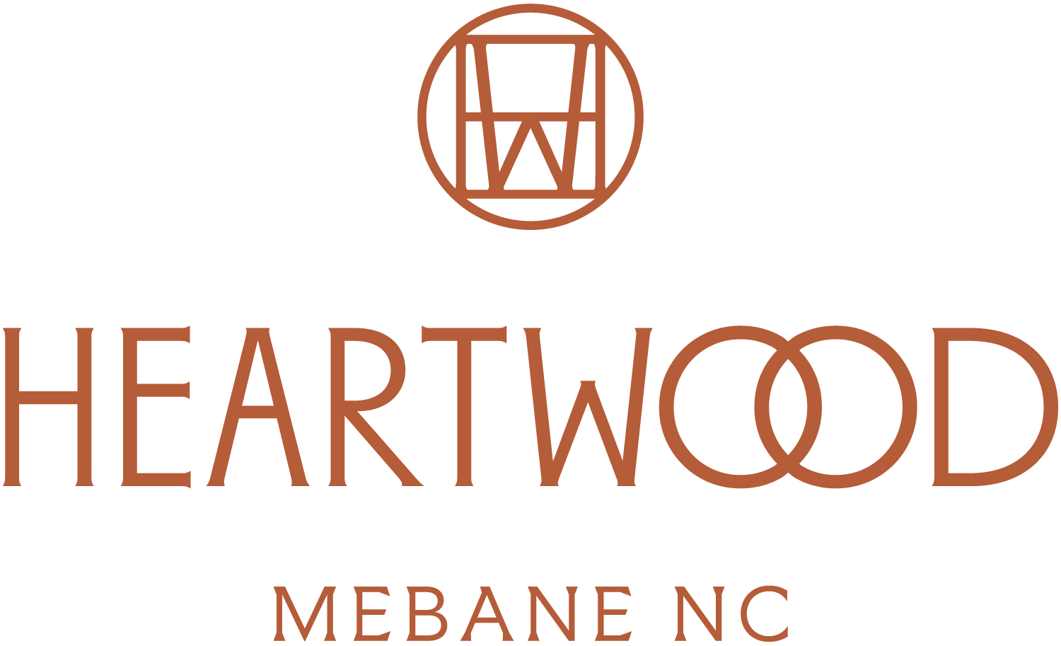 A logo with the text "Heartwood" and "Mebane NC" below it.